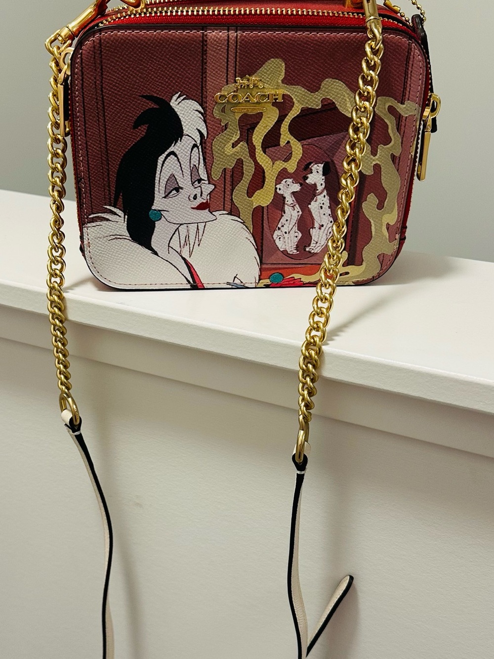 Coach Disney Cruella Red Leather Camera Bag with Gold Chain NWOT